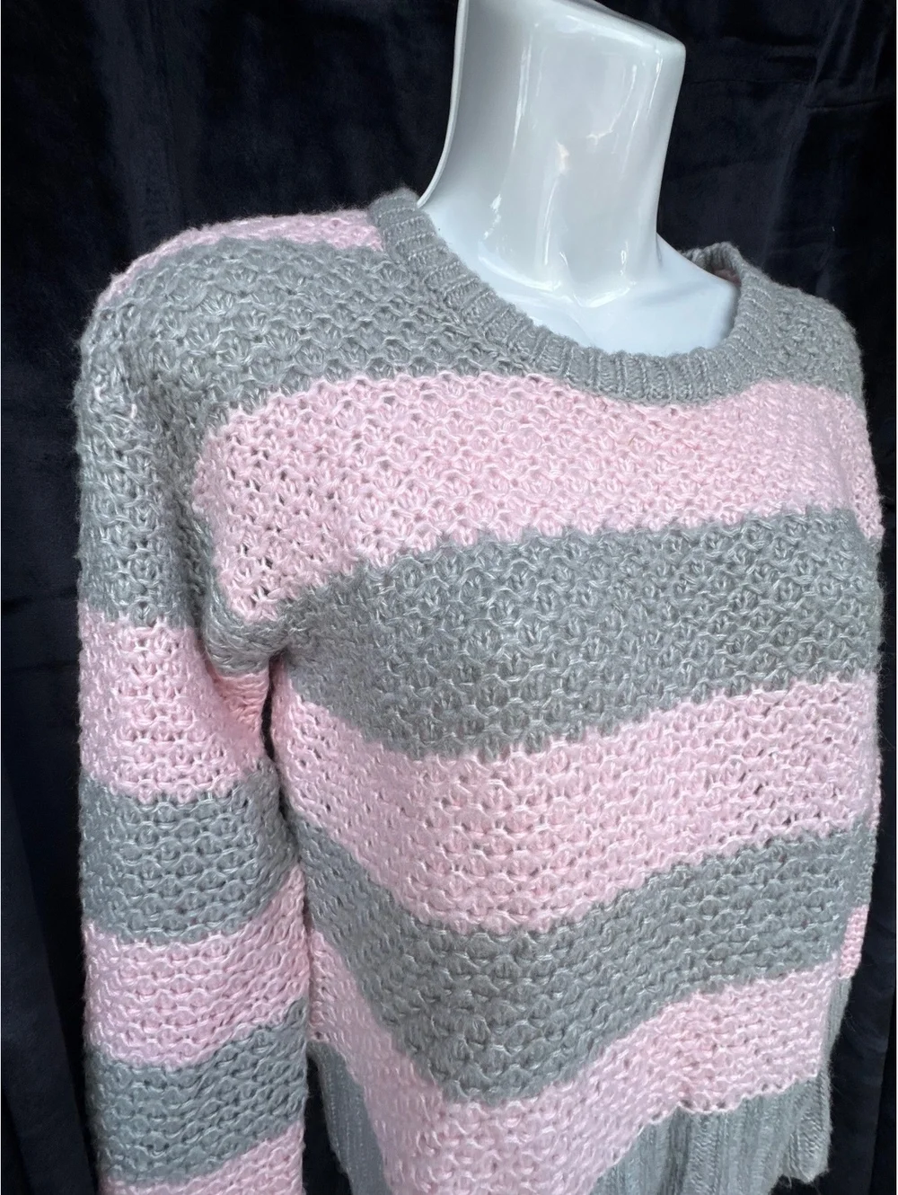 Aeropostale Women's Pink and Gray Striped Knit Sweater Size Small